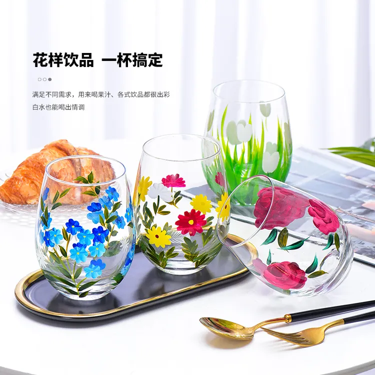 法兰晶玻璃杯中式喝水杯子新款彩绘家用客厅茶几饮料杯啤酒杯蛋杯