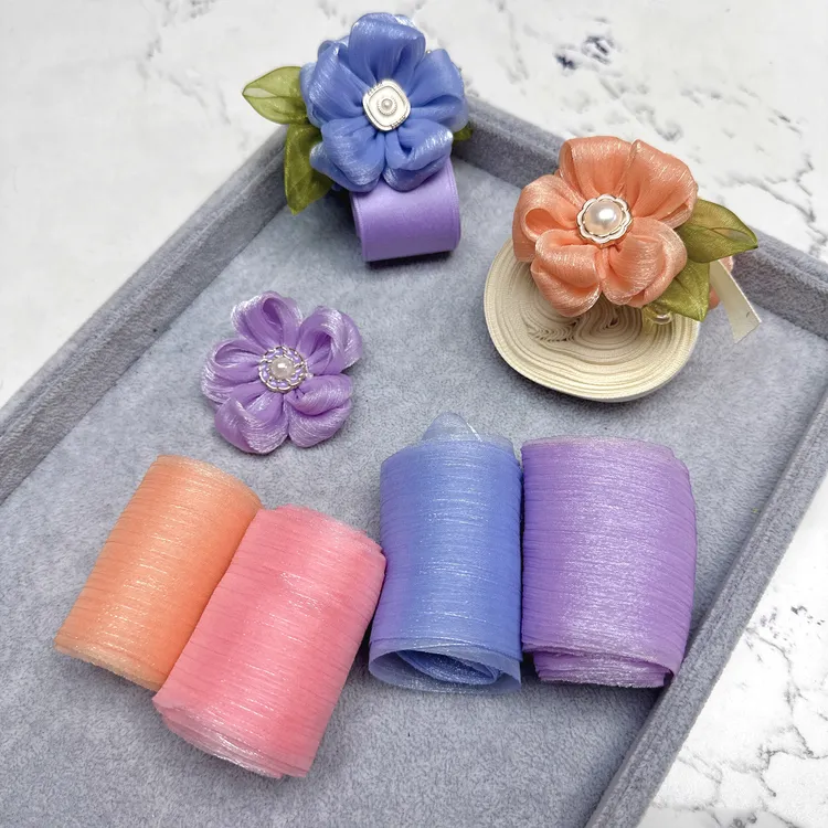 【十一手工】手工DIY金属闪光幻彩银丝褶皱欧根纱硬挺透明绉蝴蝶结