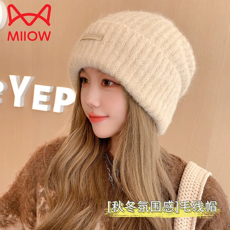 猫人加厚秋冬毛线堆堆大头围百搭休闲避寒保暖情侣帽子帽子女秋冬