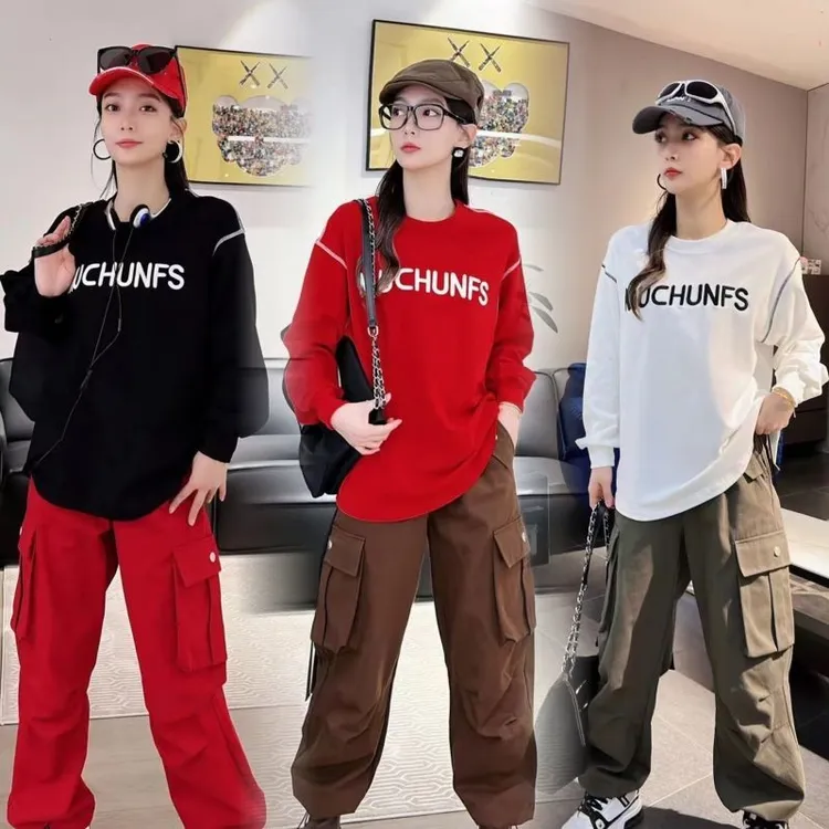 加厚磨毛字母长袖T恤上衣水洗棉飘带工装裤红色宽松舞蹈队服3739