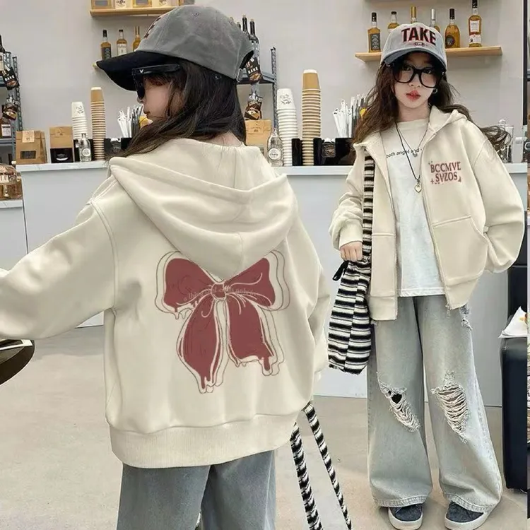 洋气蝴蝶结女童开衫拉链连帽卫衣外套宽松加绒加厚秋冬上衣中大童
