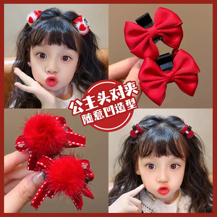 儿童抓夹女新年喜庆发饰甜美蝴蝶结发卡女童头饰宝宝可爱红色发夹