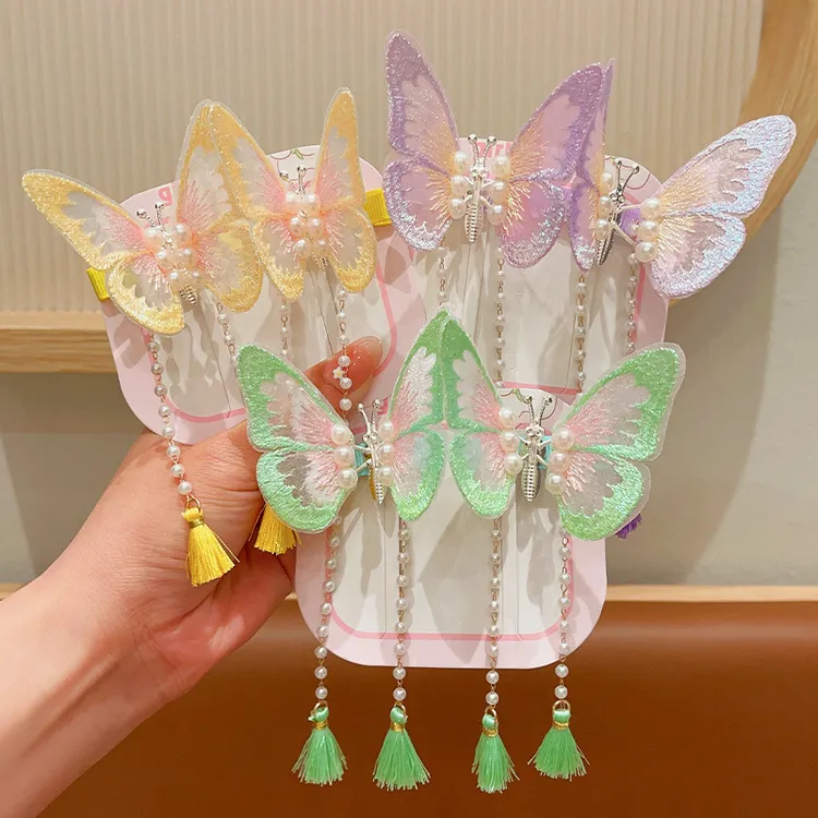 儿童会动的蝴蝶发夹超仙女孩会飞的翅膀流苏夹子头饰女童发卡发饰