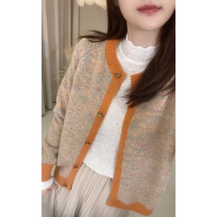 古早配色绝美小香风花纱紫色圆领开衫针织衫慵懒风宽松软糯外套厚