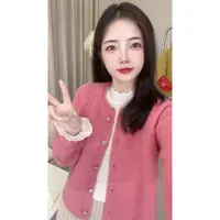 小亮片卷边领插肩袖长袖纯色小短款针织开衫加厚毛衣外套女宝石扣