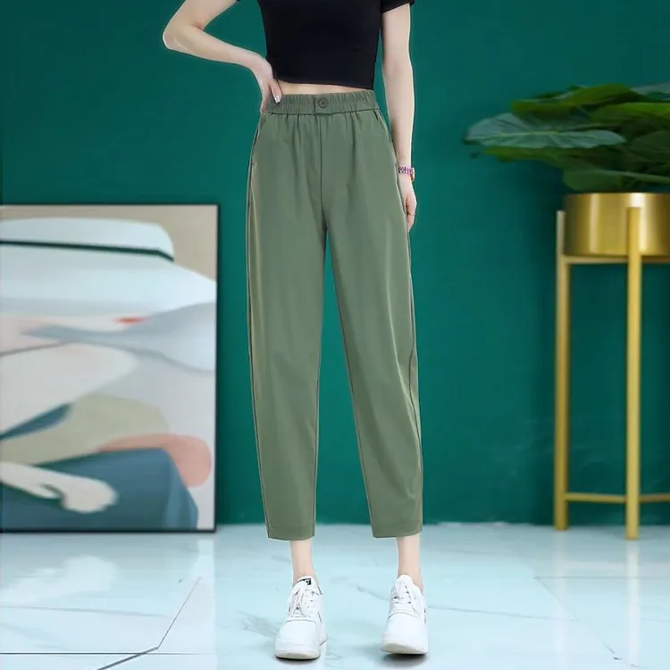 2025夏季新款弹力松紧腰九分直筒裤女小个子显高显瘦百搭休闲裤子