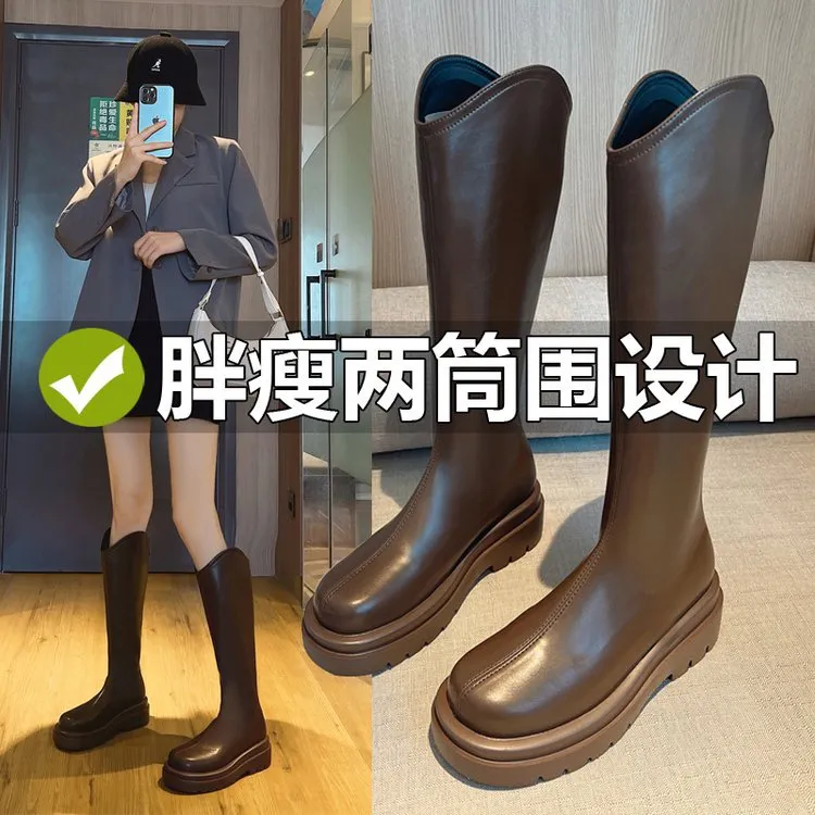 胖MM腿粗大腿围时尚百搭厚底骑士不过膝秋冬长筒英伦风靴子女