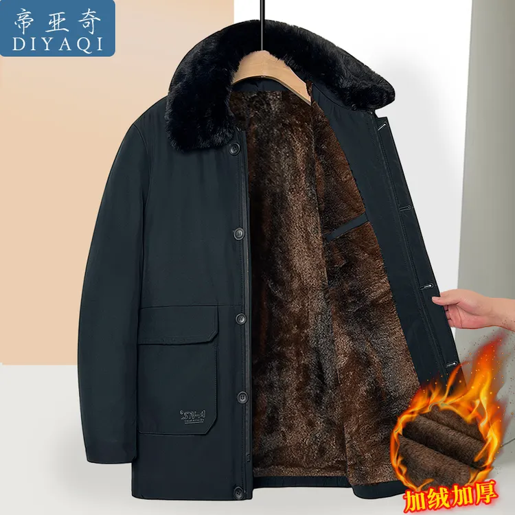 爸爸冬装外套加绒加厚中长款棉衣中老年男装爷爷毛领棉服老人棉袄