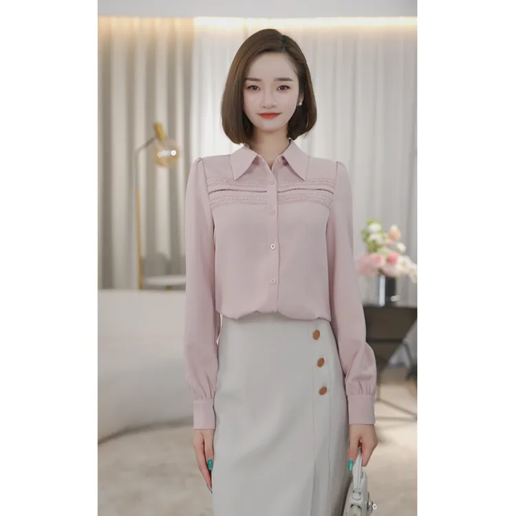 曼贝秋季新款衬衫设计感纯色百搭女士上衣气质显瘦通勤佳8293181