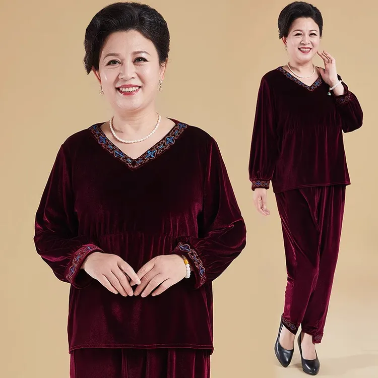 秋季新中式时尚洋气V领刺绣上衣拼接款金丝绒两件套大码妈妈装女