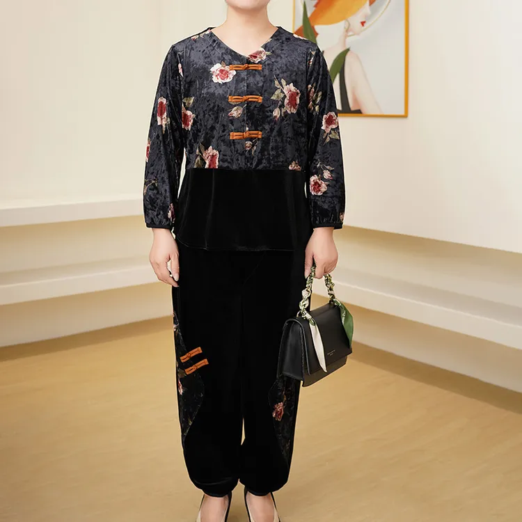 洋气母亲衣服秋季新中式V领印花拼接两件套大码妈妈装金丝绒套装