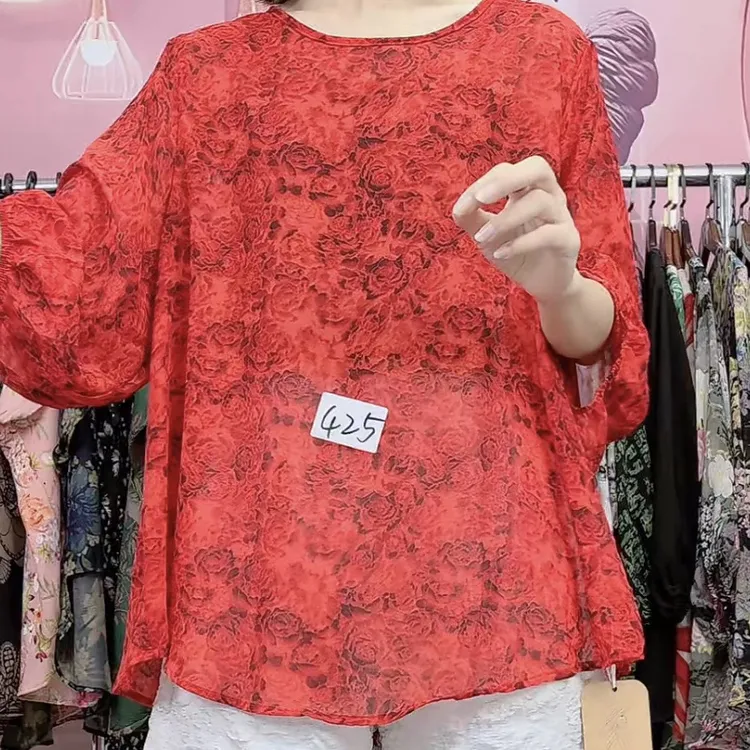 夏季热销雪纺珠玫瑰印花微透上衣小衫360
