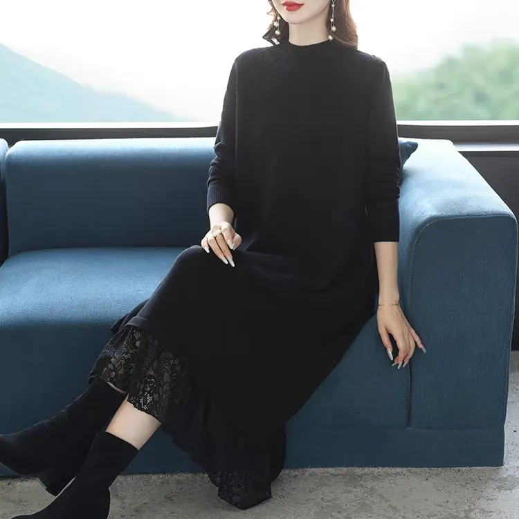 秋冬季长款长袖纯色毛衣裙遮肉显瘦气质可打底可外穿连衣裙