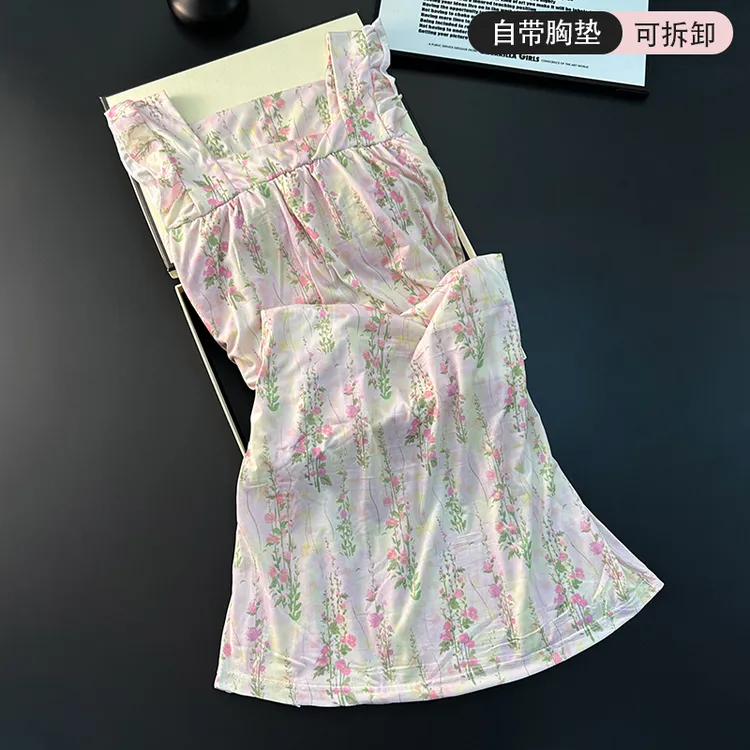 南方生活带胸垫睡裙夏季薄款棉质少女睡衣家居服韩版甜美风连衣裙