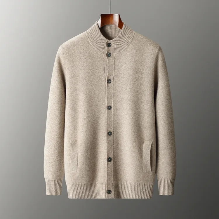秋冬新款100%纯羊毛开衫男士外套空气层加厚半高领针织毛衣男上衣