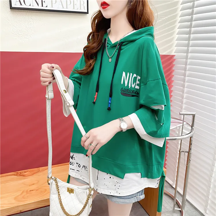 【只做100棉】夏季纯棉宽松大码假两件连帽短袖t恤ins时尚潮1125