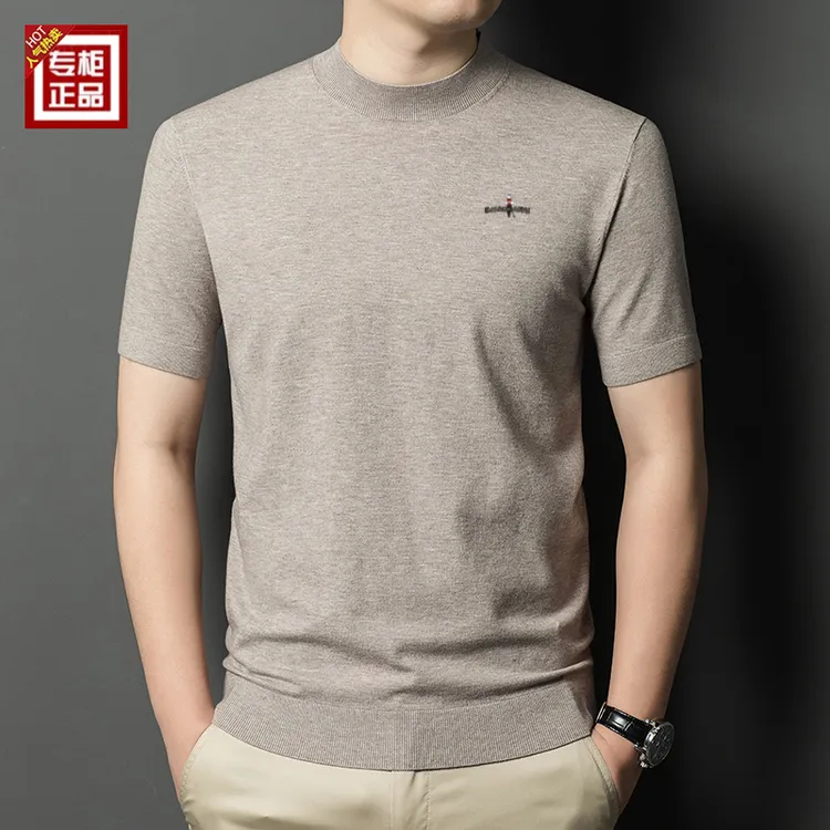专柜正品短袖羊毛衫春秋季男士半高领毛衣半袖薄款打底男装针织衫