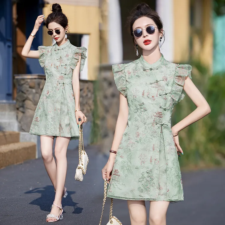 夏装爆款小个子新中式国风高级感刺绣连衣裙短款两件套时尚套装裙