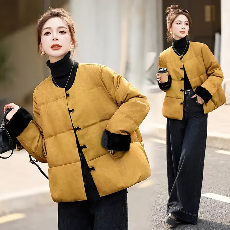 新中式国风羽绒服女2024冬季新款复古拼接加厚保暖白鸭绒短款外套