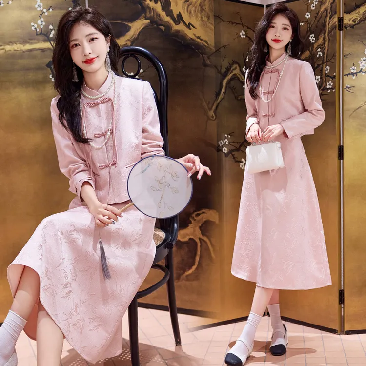 春装新款新中式国风复古盘扣小香风提花外套半身裙两件套时尚套装
