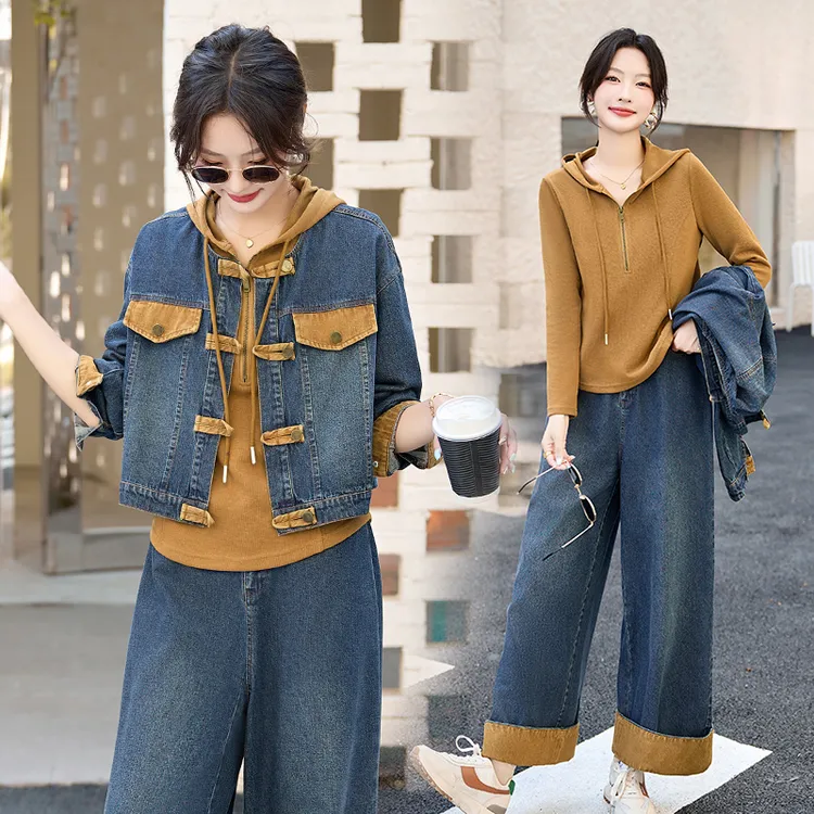 小个子新中式国风复古撞色拼接牛仔外套卫衣阔腿裤三件套装秋装