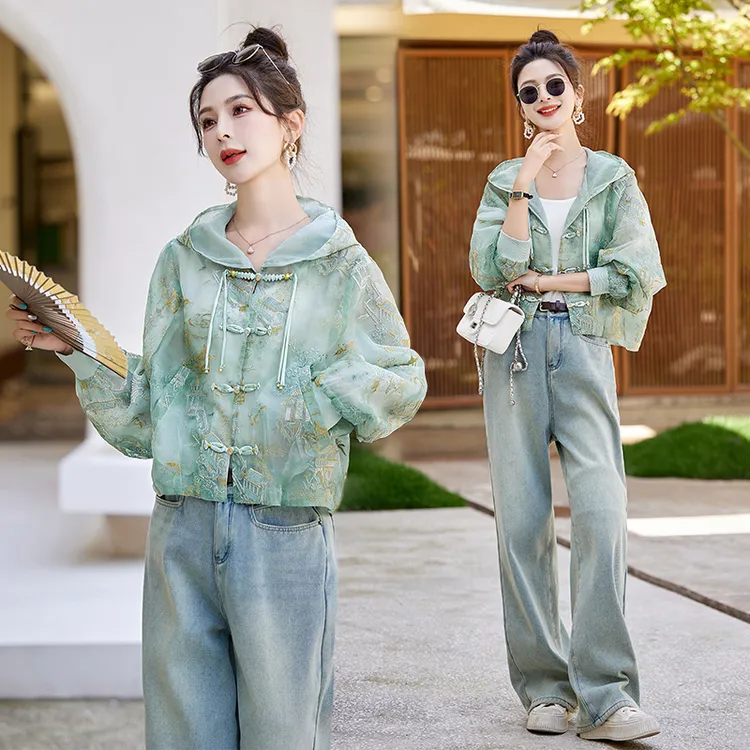 春夏爆款新中式国风复古盘扣高级感刺绣薄款连帽防晒衣短款外套