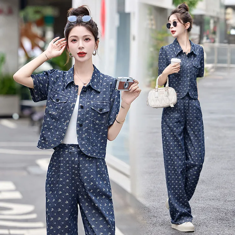 韩版宽松时尚休闲气质复古牛仔上衣阔腿裤两件套时尚套装夏季爆款