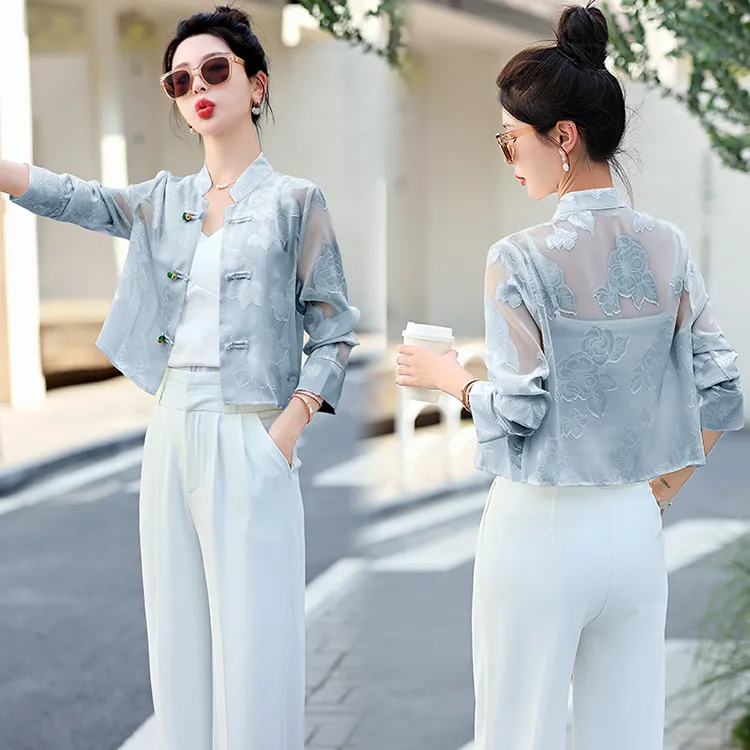 法式气质新中式国风复古气质薄款防晒衣短款提花洋气上衣女外套