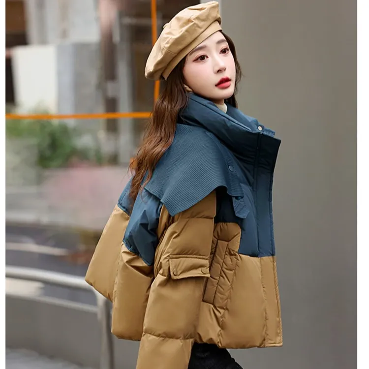 小个子冬装新款洋气减龄宽松休闲气质百搭撞色拼接白鸭绒羽绒服