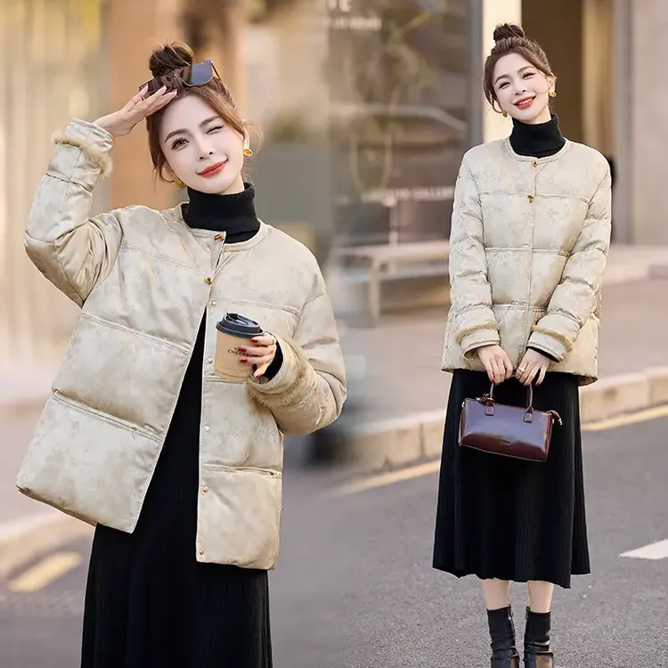 新中式国风复古水貂毛拼接提花羽绒服女2024冬季款高级感短款外套