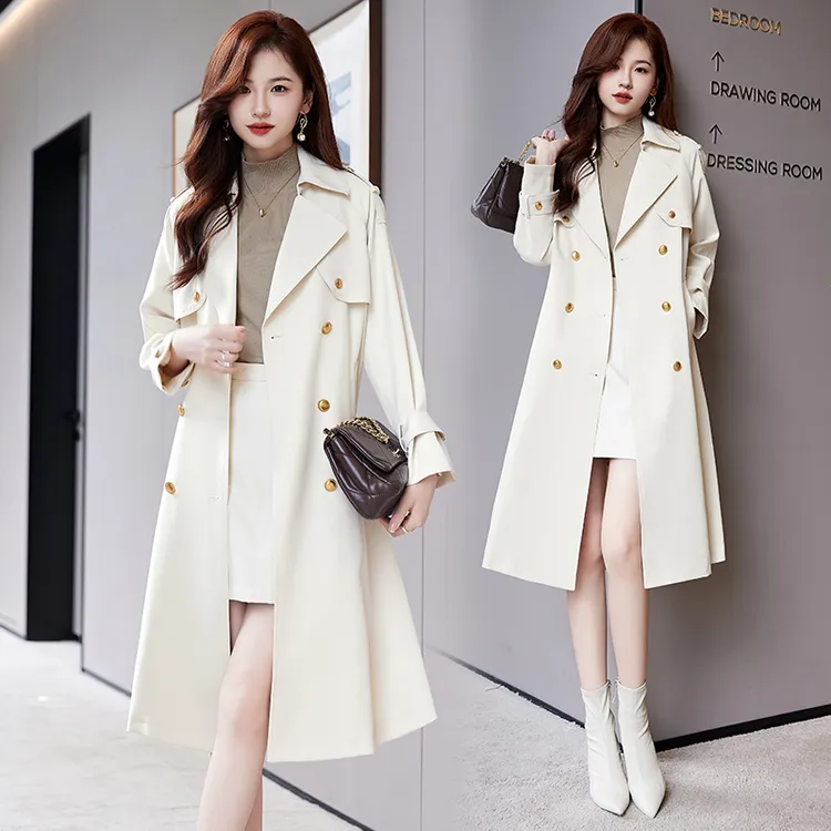 高档时尚大气上档次秋季英伦风双排扣过膝收腰显瘦中长款风衣外套