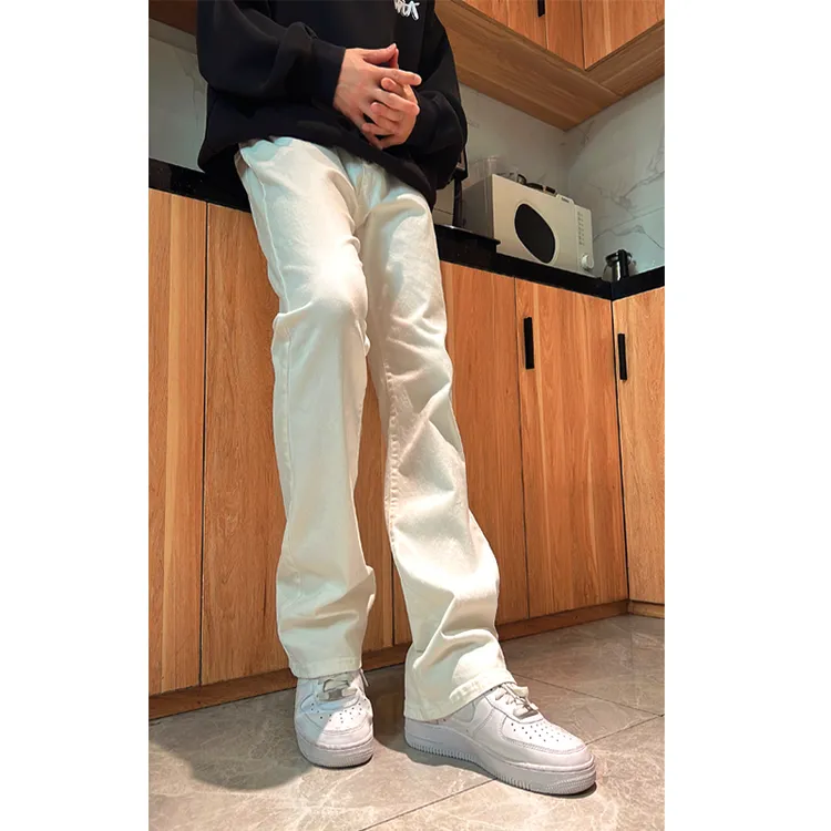 秋季白色牛仔裤男款美式高街vibe修身直筒裤潮牌弹力显瘦微喇裤子