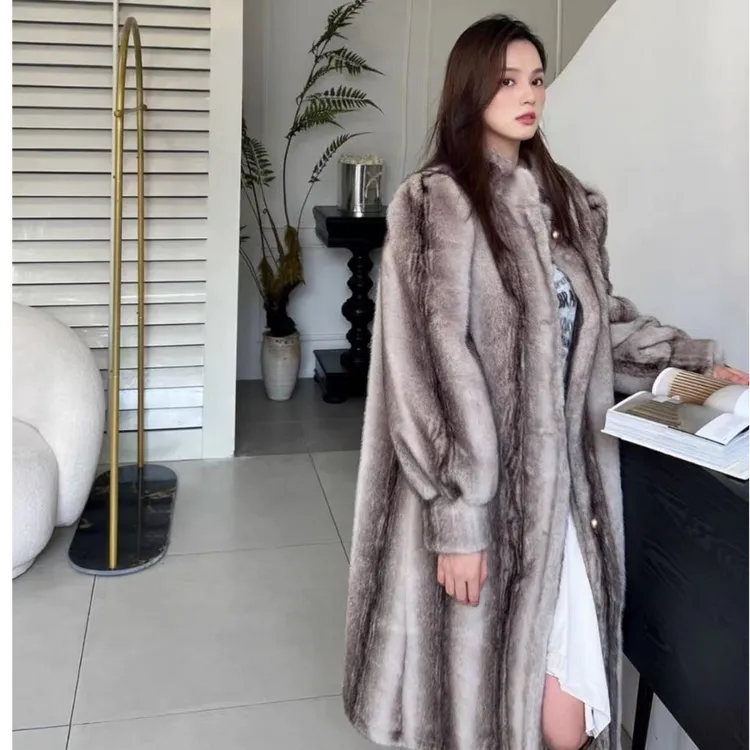2024冬季新款中长款渐变欧貂环保皮毛一体外套女水貂毛大衣