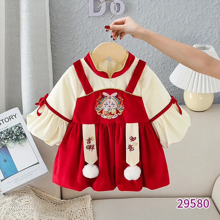 2025秋冬新款女童中国风加绒连衣裙喜庆女宝宝新年礼服裙周岁满月
