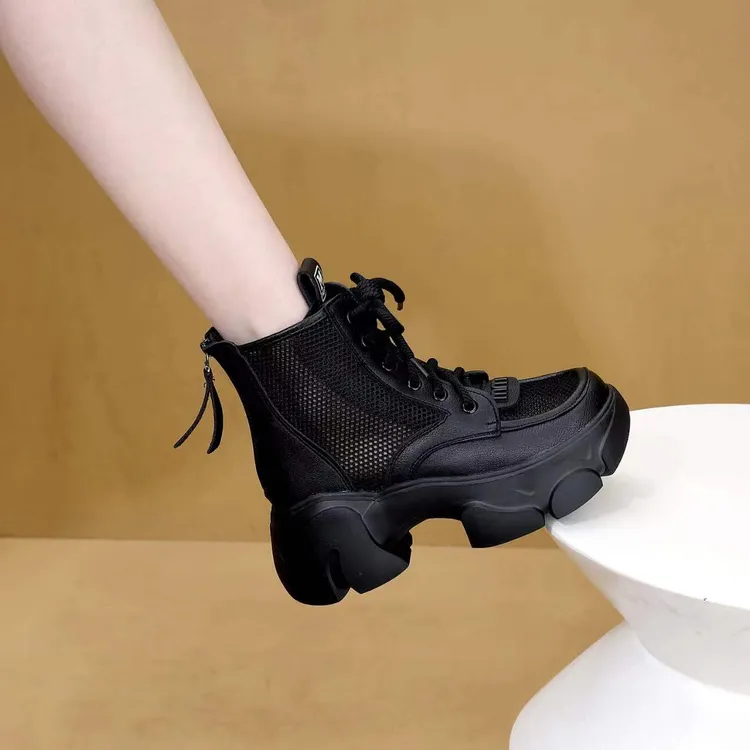 马丁靴女夏季薄款透气网面百搭2025新款真皮厚底增高英伦风女短靴