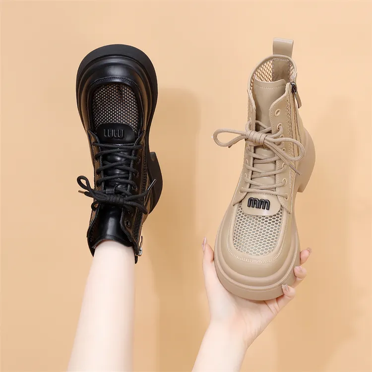 2025新款马丁靴女春夏英伦风瘦瘦靴厚底黑色短靴粗跟增高网靴女靴