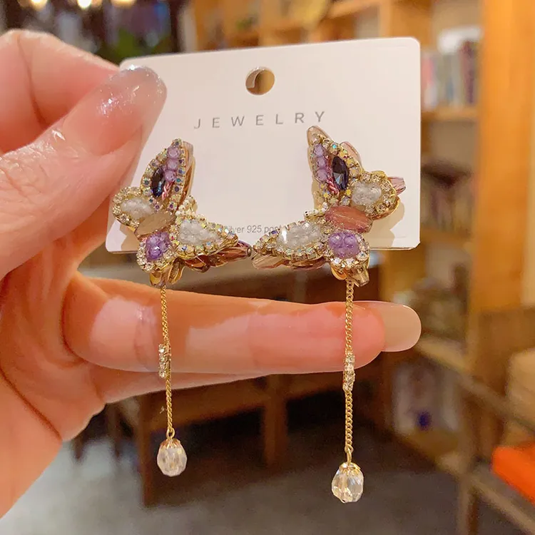 铜合金亚克力耳饰 民族风重工水晶蝴蝶流苏耳环轻奢百搭复古宫廷