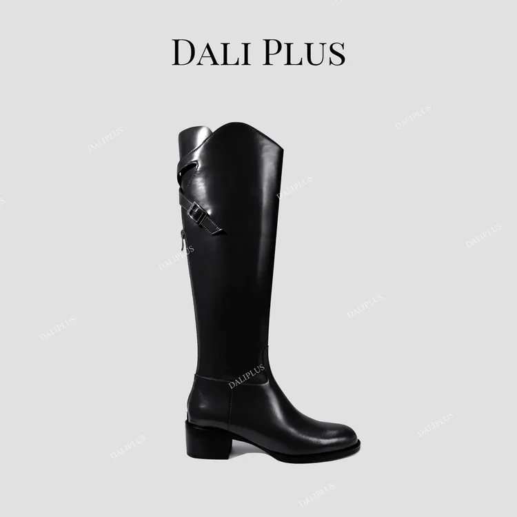DALI PLUS真皮圆粗跟不过膝时尚高筒靴骑士靴-10049