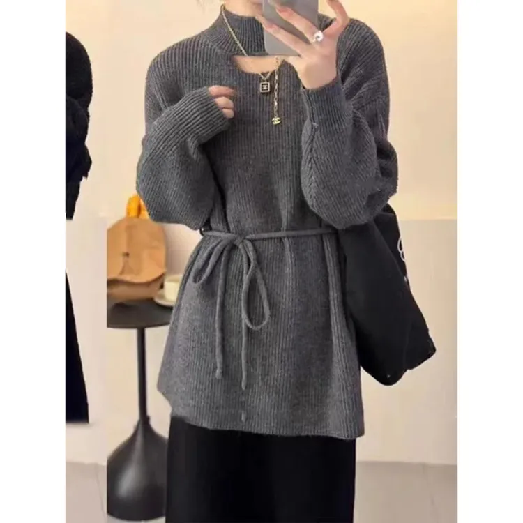 时尚韩版半高领镂空毛衣女中长款宽松慵懒风束腰遮肉针织衫上衣潮