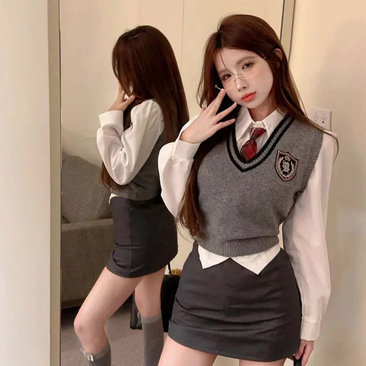 甜辣学院风套装裙女秋气质修身显瘦针织马甲长袖衬衫半身裙三件套