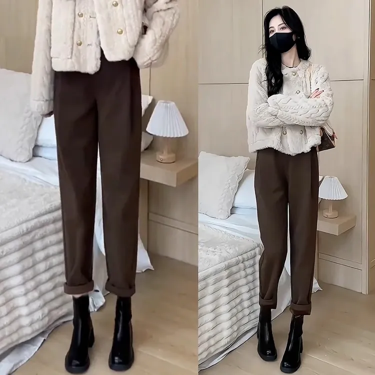 哈伦裤女2025新款秋冬款小个子马丁靴裤宽松休闲萝卜裤加绒毛呢裤