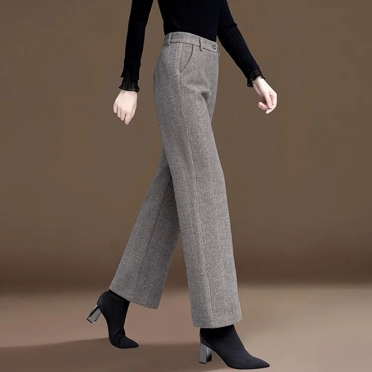 毛呢高腰加绒加厚九分妈妈阔腿裤女秋冬小个子2025新款直筒呢子裤