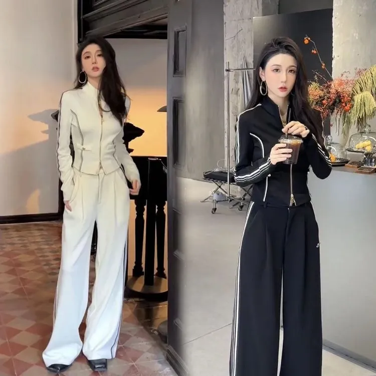 2025春秋新款韩版休闲运动服套装女立领修身显瘦上衣阔腿裤两件套