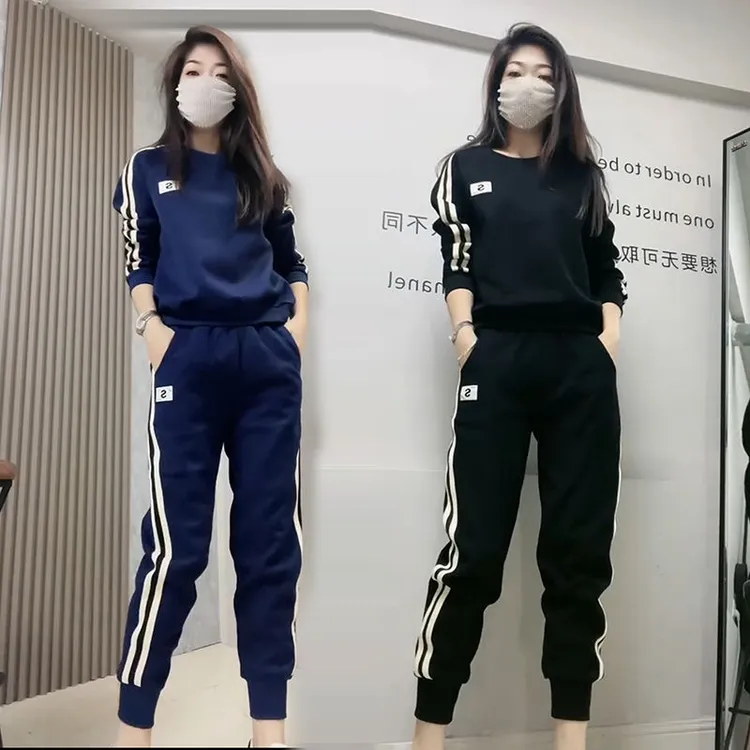 春秋冬新款跑步广场舞运动服套装女侧条纹卫衣束脚卫裤休闲两件套