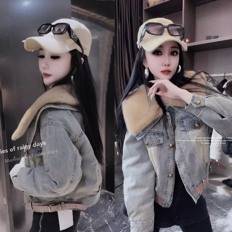 欧货2025冬季新款韩版时尚休闲棉服牛仔短外套女大毛领加厚保暖