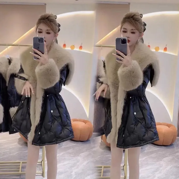 2025冬新款韩版时尚天使之翼大毛领白鸭绒棉服女收腰中长款外套