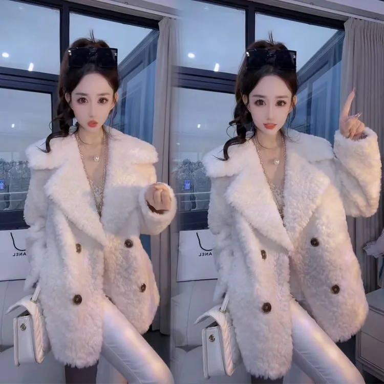 2025新款韩版时尚皮毛一体外套仿羊羔毛绒大衣加厚保暖羊剪绒减龄