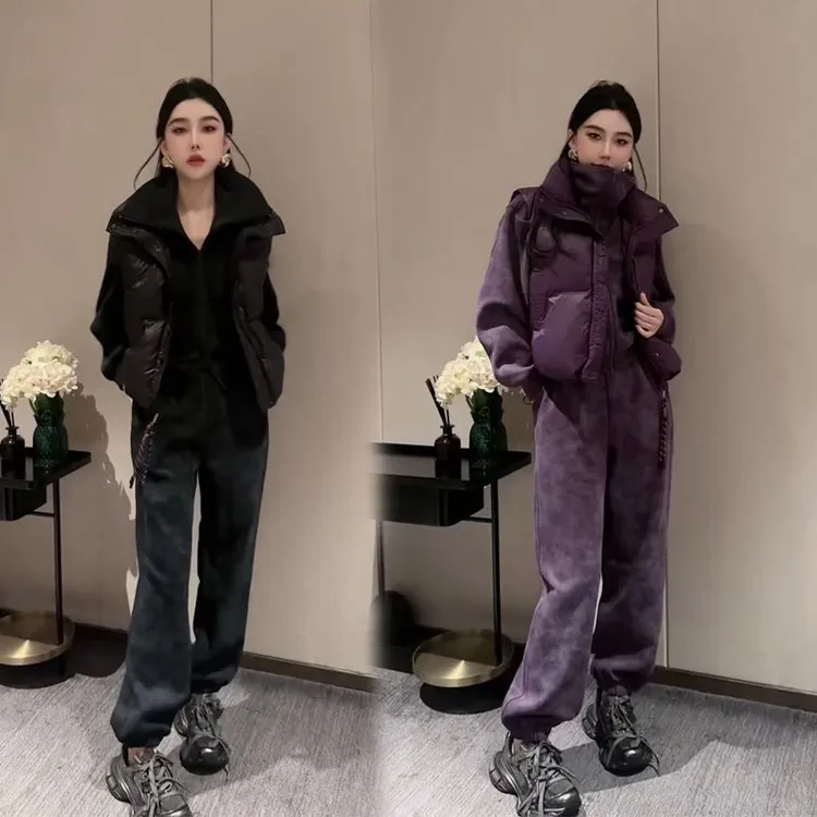 2025冬季新款韩版加绒加厚运动休闲套装女棉马甲卫衣束脚裤三件套