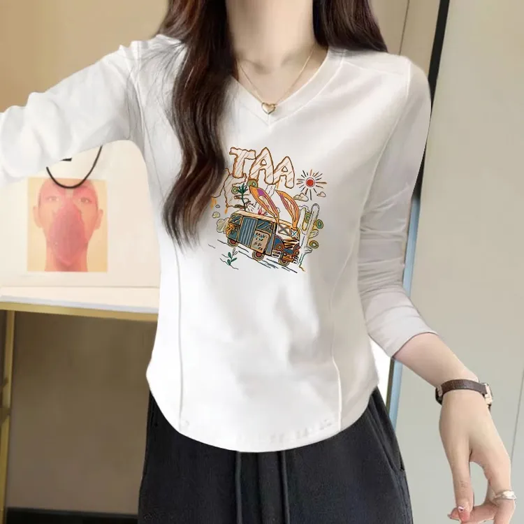 春秋款新款早秋打底衫外穿长袖t恤女小个子不规则显瘦短款V领上衣