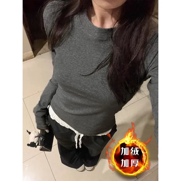 韩系灰色正肩长袖t恤女秋冬德绒加绒加厚保暖内搭打底衫修身上衣